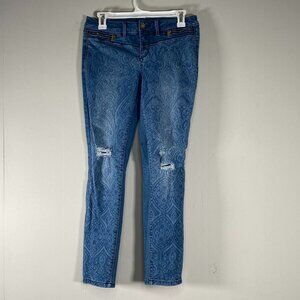 Bebe Denim Jeans Women's 28 Low Rise Blue Distressed Boho Print Casual Pants